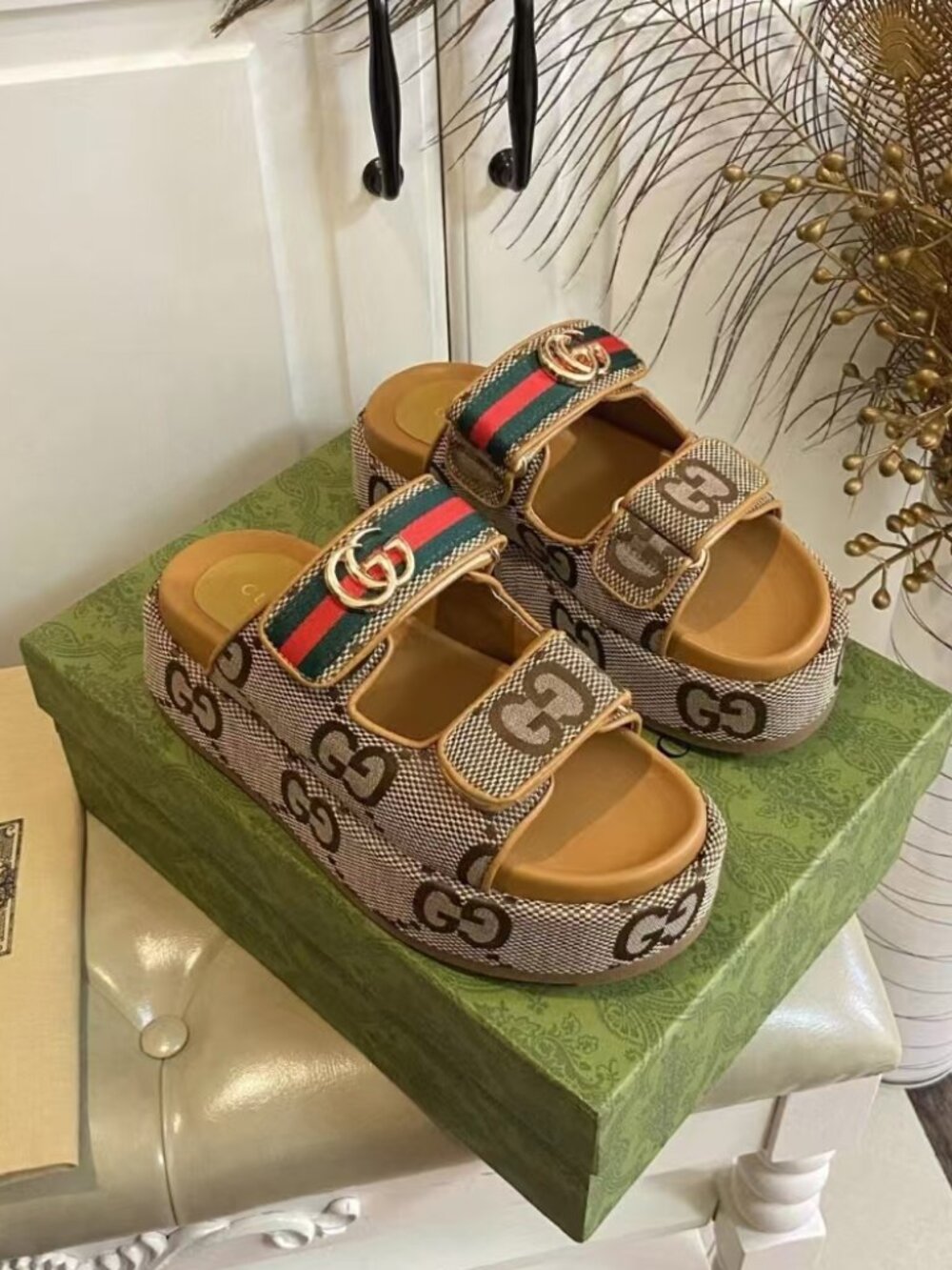 Gucci Monogram Canvas Adjustable Velcro Platform Slides